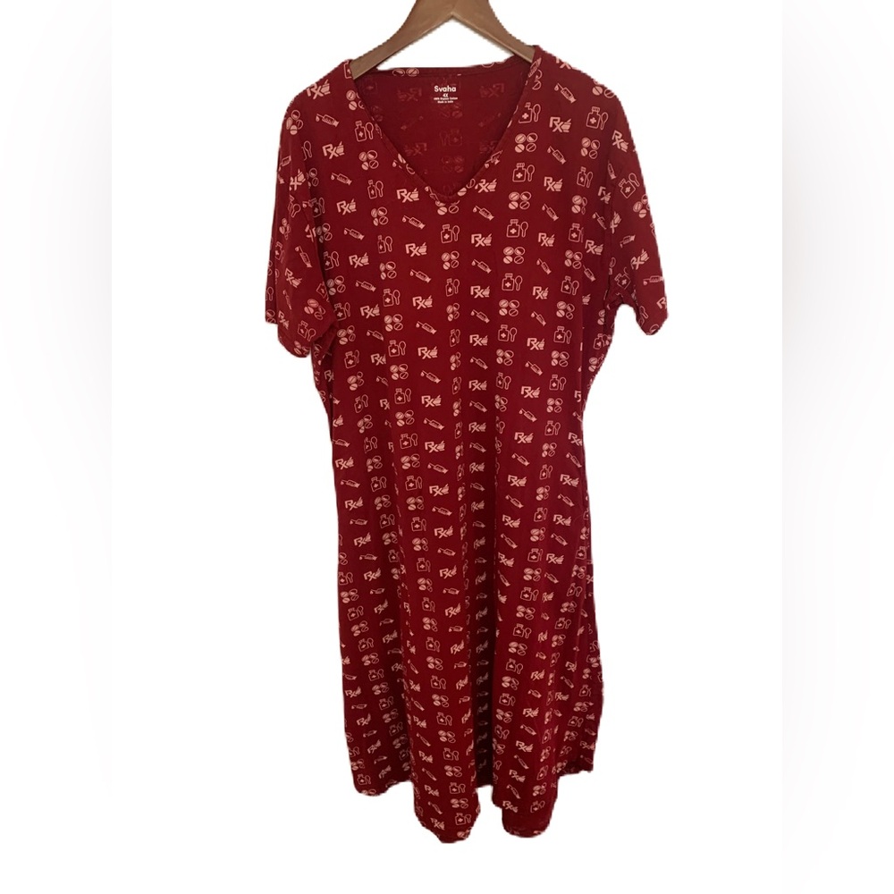 Svaha Pharmacy Print Dress 4X Midi Length Burgundy Organic Cotton V Neck Pockets
